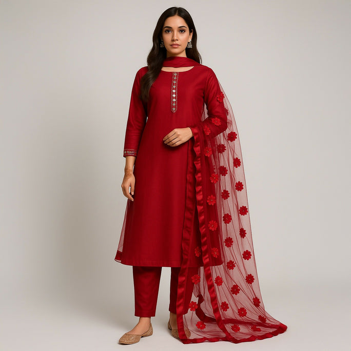 Unstitched 3 Piece Collection Katan Silk Plain Shirt & Trouser With Net Dupatta For Women Dress for women
