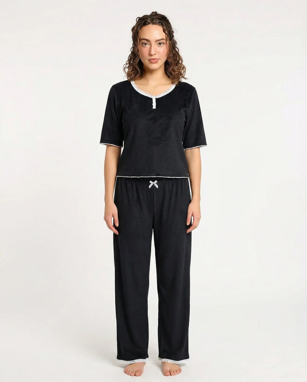 Sajiero Textured Velvet PJ Set - Classic Lounge - Black