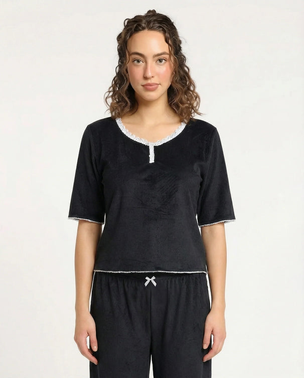Sajiero Textured Velvet PJ Set - Classic Lounge - Black