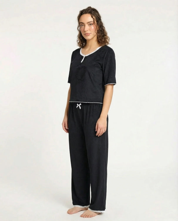 Sajiero Textured Velvet PJ Set - Classic Lounge - Black