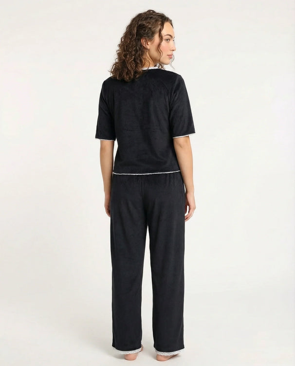 Sajiero Textured Velvet PJ Set - Classic Lounge - Black