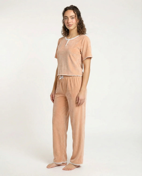 Sajiero Textured Velvet PJ Set - Classic Lounge - Orange