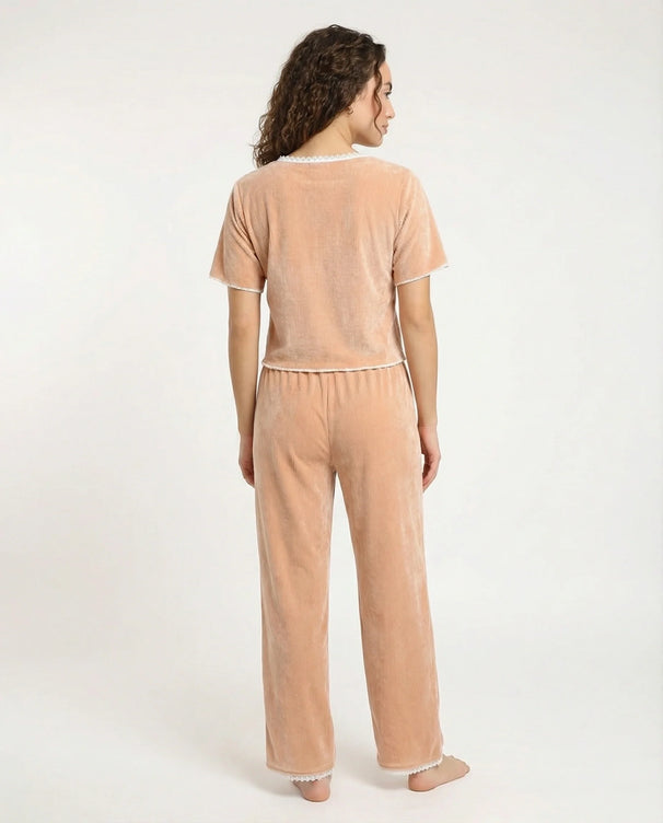 Sajiero Textured Velvet PJ Set - Classic Lounge - Orange
