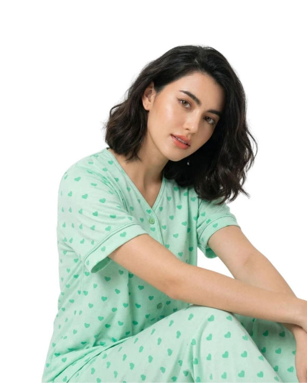 Sajiero Cotton PJ Set - Heart Bliss - Green