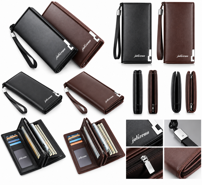 BALLEARY Men Long Wallet Leather Clutch Wallet with Wrist Strap