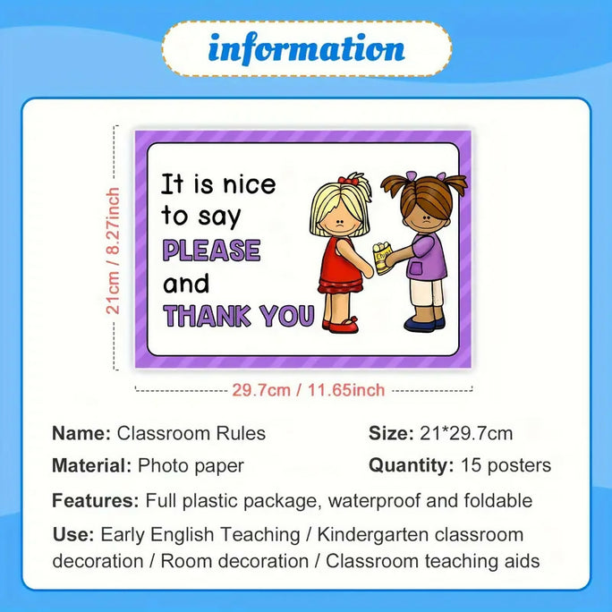 15-Piece Educational Classroom Rules Learning Cards