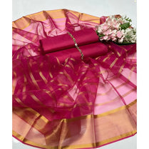 3 Pieces Unstitched Katan Silk Plain Shirt & Trouser With Organza Lining Dupatta For Womens & Girls