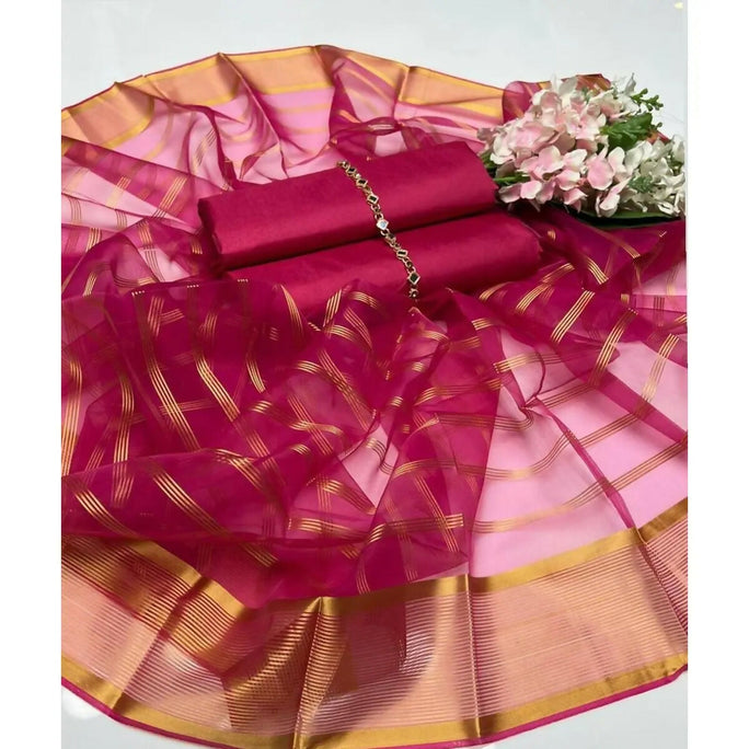 3 Pieces Unstitched Katan Silk Plain Shirt & Trouser With Organza Lining Dupatta For Womens & Girls
