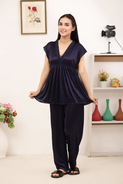 Sajiero Silk PJ Set - Avena - Dark Blue