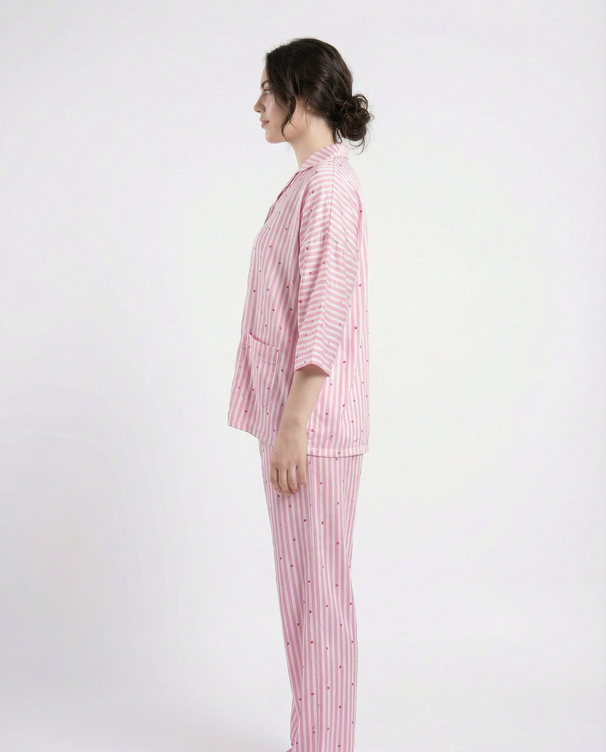Sajiero Drop Shoulder Silk Pajama Suit - Dreamy Hearts
