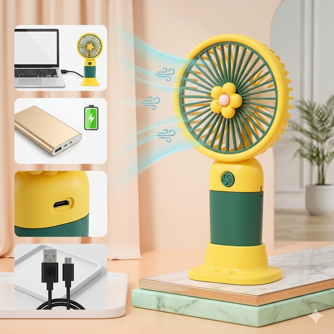 Mini Flower Portable Handheld Fan – USB Rechargeable Cooling Desktop Fan