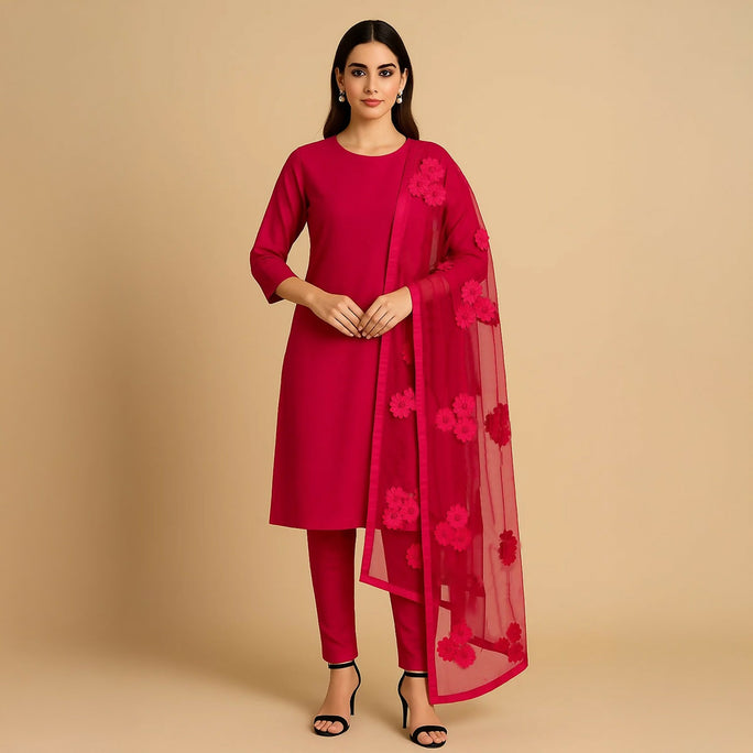 Unstitched 3 Piece Collection Katan Silk Plain Shirt & Trouser With Net Dupatta For Women Dress for women