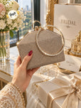 Bridal & Party Wear Shimmering Hard Case Wristlet Clutch for Women - Diamond Ring Handle Evening Purse
