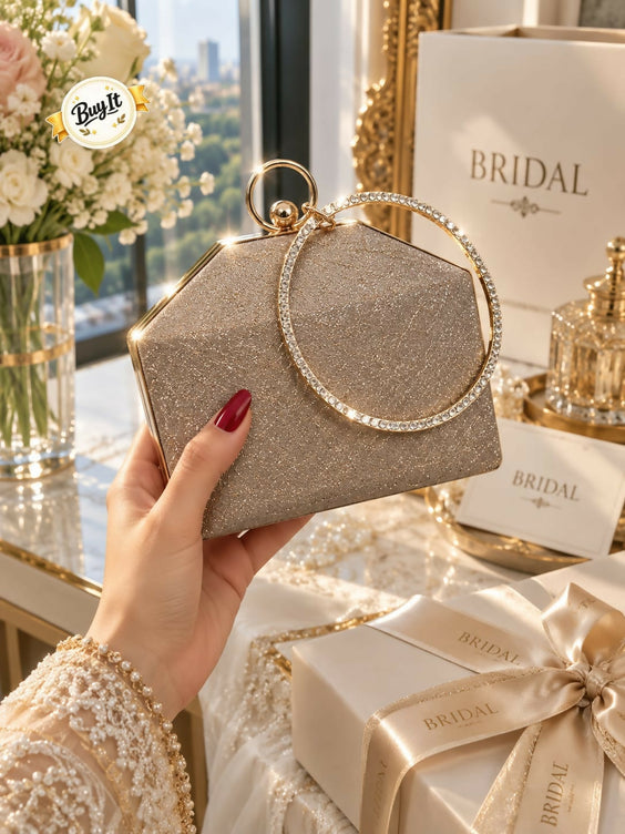 Bridal & Party Wear Shimmering Hard Case Wristlet Clutch for Women - Diamond Ring Handle Evening Purse