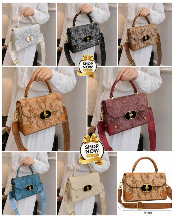 Textured Structured Top-Handle Handbag & Crossbody Bag for Women - Multi-Pocket Flap Shoulder Purse with Printed Strap