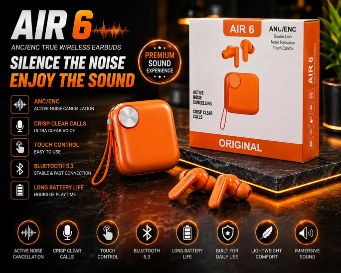 Original Air 6 Wireless Bluetooth Earbuds Noise Cancelling TWS Gaming Headset | Waterproof Sport Earphones, Immersive Sound, Heavy Bass Buds with Mic, Wide Compatibility for All Smartphones