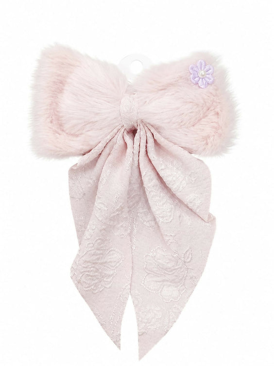 White Plush Fur Hair Bow Clip for Women & Girls | Off White Velvet Floral Ribbon Hair Barrette | Soft Winter Hair Accessories for Wedding, Party & Casual Wear