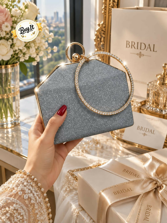 Bridal & Party Wear Shimmering Hard Case Wristlet Clutch for Women - Diamond Ring Handle Evening Purse