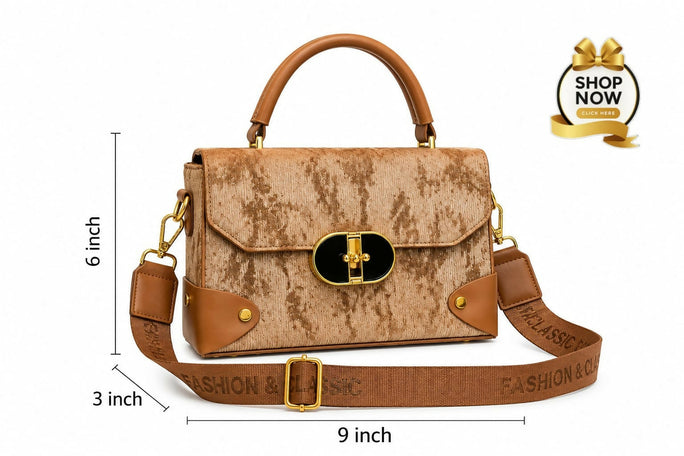 Textured Structured Top-Handle Handbag & Crossbody Bag for Women - Multi-Pocket Flap Shoulder Purse with Printed Strap
