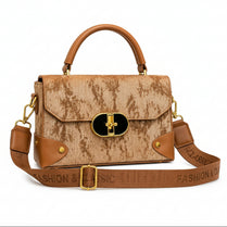 Textured Structured Top-Handle Handbag & Crossbody Bag for Women - Multi-Pocket Flap Shoulder Purse with Printed Strap