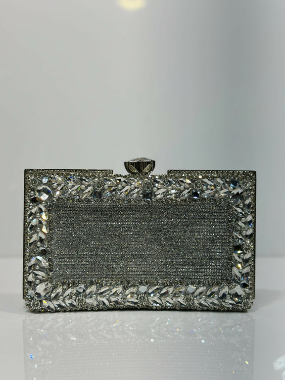 Floral Crystal Bordered Hard Case Clutch Bag for Women - Elegant Formal Evening & Party Purse