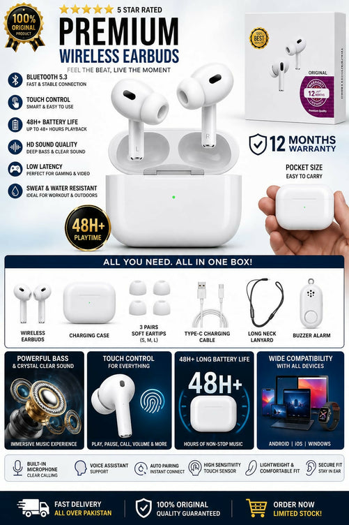 Premium PRO 2 ORIGINAL Wireless Earbuds Bluetooth 5.3 Pro – 100% Original HD Sound Quality Earphones with 48H+ Battery Life, Touch Control, Low Latency Gaming & Sweatproof Gym Pods