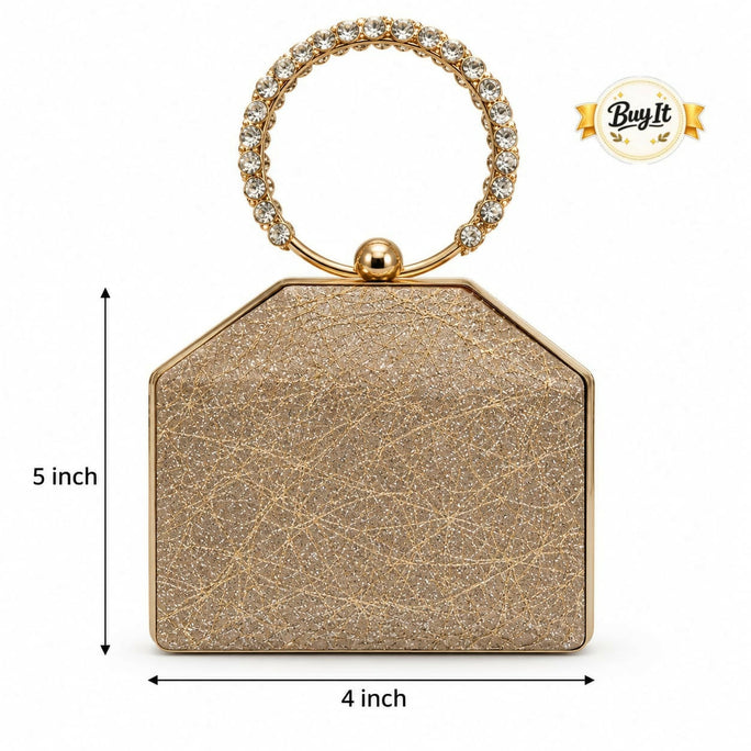 Bridal & Party Wear Shimmering Hard Case Wristlet Clutch for Women - Diamond Ring Handle Evening Purse