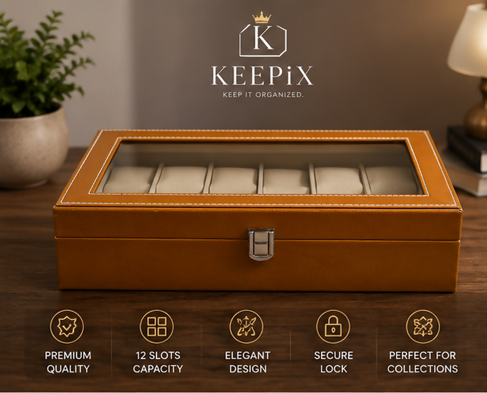 12 Slots Premium Watch Storage Box with Glass Lid | Luxury PU Leather Watch Organizer | Perfect for Watches Collection & Gift