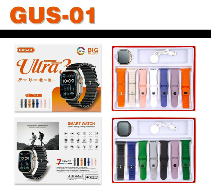 "GUS-01 Smart Watch ULTRA 3 Original AMOLED Display - 7-in-1 Combo Pack with 7 Premium Straps | All-in-One Smartwatch for iOS & Android"