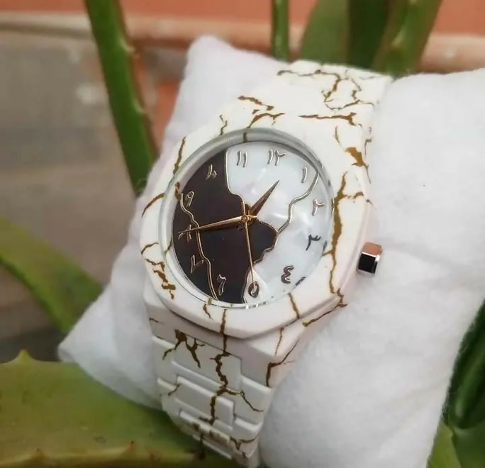 Original WHITE MARBLE Arabic Aura Waterproof Wrist Watch: Trending Matte Finish Luxury Timepiece for Men & Boys special Premium Arabic Aura Watch 2026 watch: Luxury Minimalist Design with Butterfly Clasp & Fiber Chain for Men