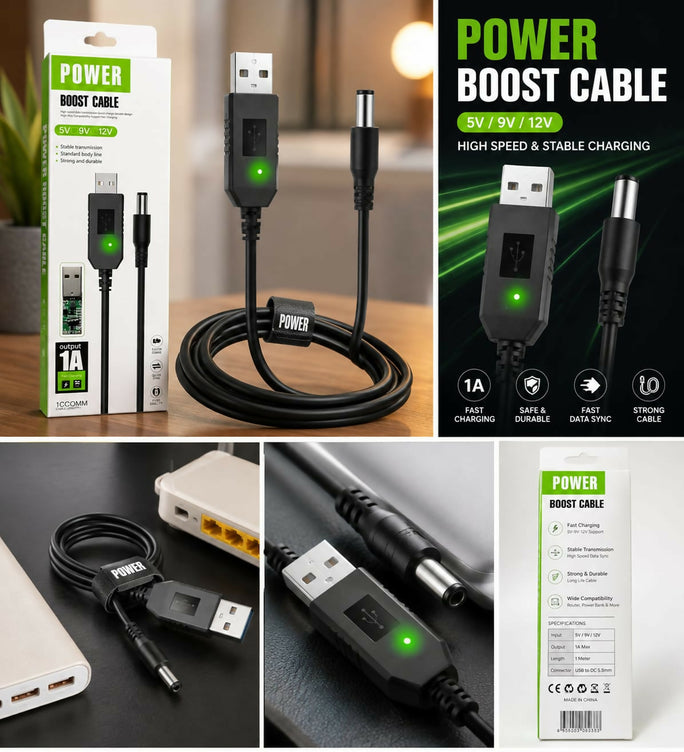 WIFI ROUTER CABLE For Power Bank | 5V To 9V/12V DC Step Up USB Converter Cable | High Speed Fast Charging WiFi Router Power Cable for Powerbank, Modem & Mini UPS (1 Meter, Black
