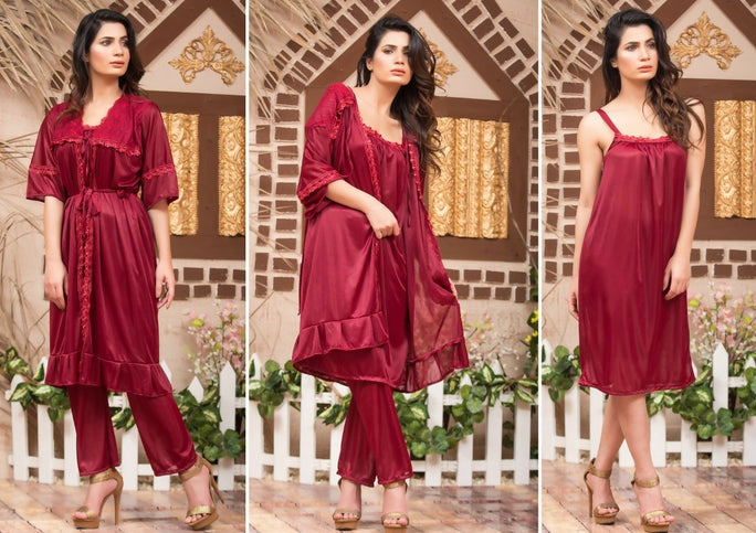 3 Pcs Silk Nighty For Women (Gown , Inner ,Trouser) / Night Suit For Girls
