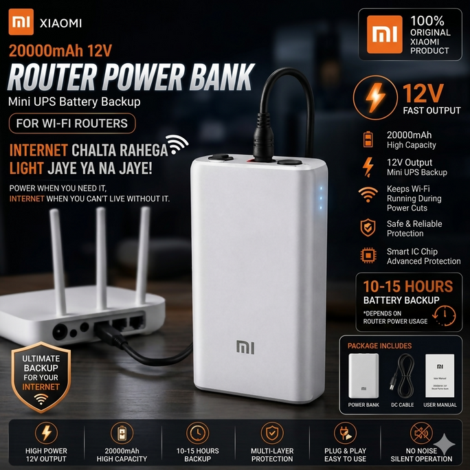 Xiaomi Mi 20000mAh 12V Router Power Bank Mini UPS Battery Backup For WiFi Router Modem ONT CCTV Camera | Uninterrupted Power Supply Plug & Play Easy Connection High Capacity Portable Backup Power