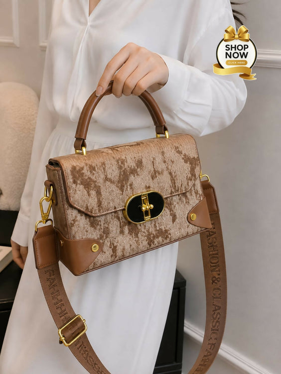 Textured Structured Top-Handle Handbag & Crossbody Bag for Women - Multi-Pocket Flap Shoulder Purse with Printed Strap