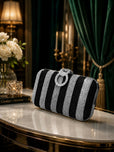 Glamorous Diamond Mesh Striped Clutch Purse for Women & Girls - Stylish Metal Handle Party Handbag