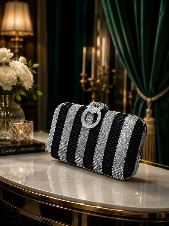 Glamorous Diamond Mesh Striped Clutch Purse for Women & Girls - Stylish Metal Handle Party Handbag
