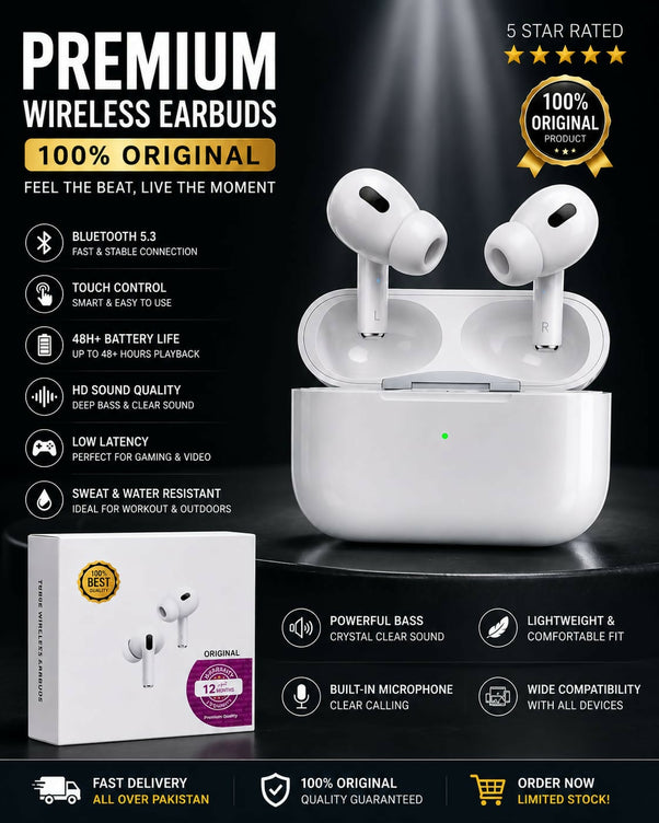 Premium PRO 2 ORIGINAL Wireless Earbuds Bluetooth 5.3 Pro – 100% Original HD Sound Quality Earphones with 48H+ Battery Life, Touch Control, Low Latency Gaming & Sweatproof Gym Pods