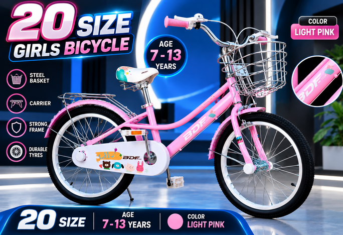 BDF 20" Girls Bicycle Light Pink with Steel Basket (Ages 7-13)