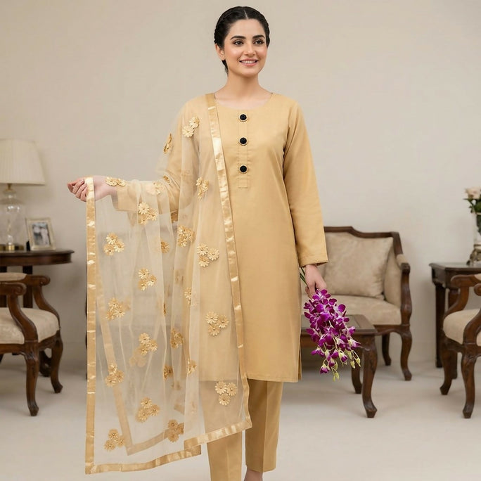 Unstitched 3 Piece Collection Katan Silk Plain Shirt & Trouser With Net Dupatta For Women Dress for women