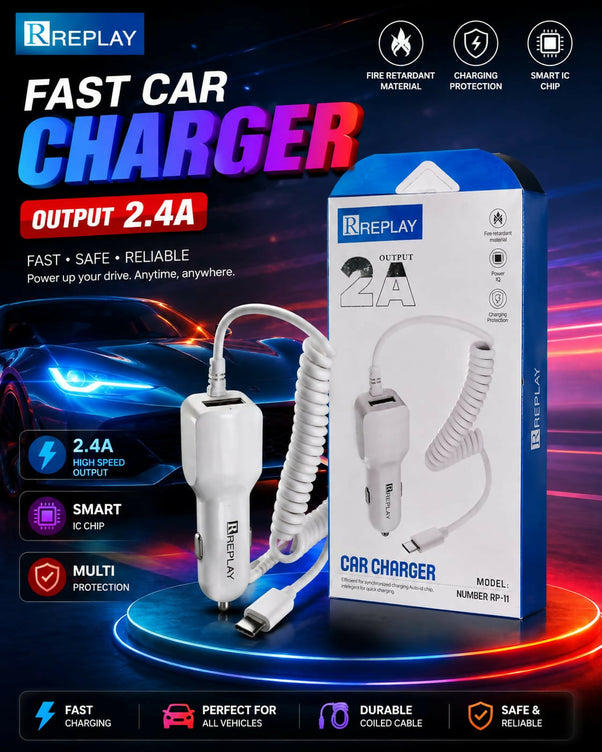 Replay RP-11 2.4A Dual USB Car Charger with Coiled Cable