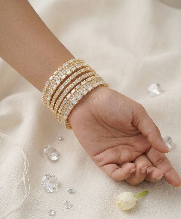 Elegant Baguette & Micro-Pave Zircon Bangles Set for Women - Sparkling Multi-Row Crystal Bracelet Set