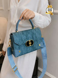 Textured Structured Top-Handle Handbag & Crossbody Bag for Women - Multi-Pocket Flap Shoulder Purse with Printed Strap