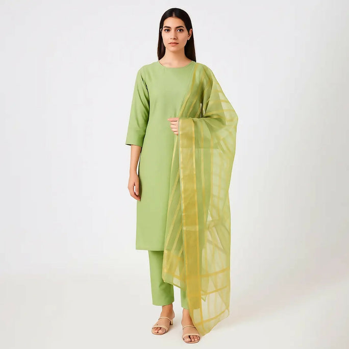 3 Pieces Unstitched Katan Silk Plain Shirt & Trouser With Organza Lining Dupatta For Womens & Girls