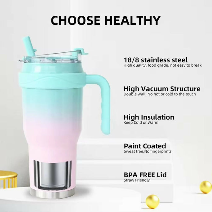 New 40 OZ Tumbler with Handle and Nozzle Straw Lid, Insulated Reusable Stainless Steel Travel Mug Keeps Drinks Cold up to 34 Hours