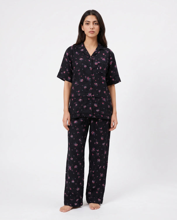 Sajiero Linen Pajama Suit - Black Rose
