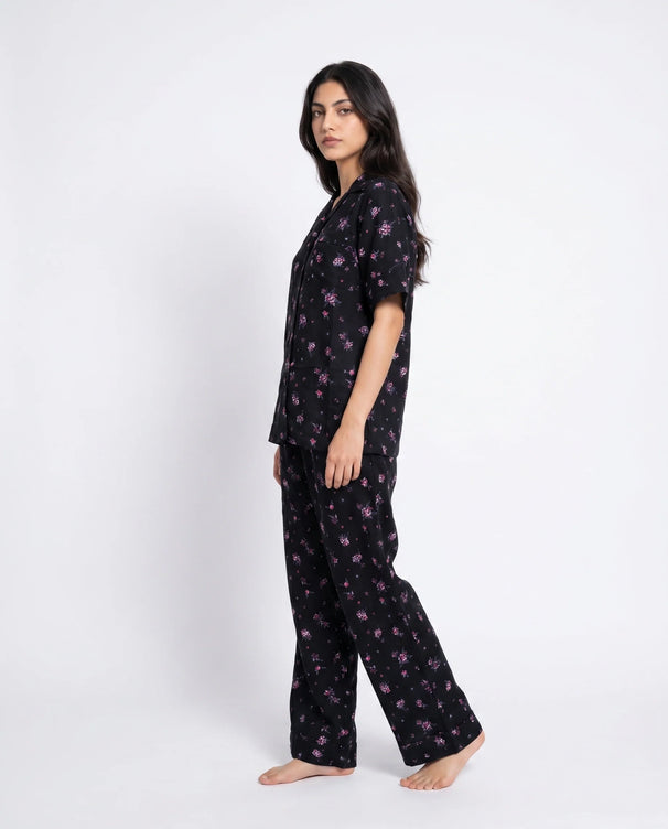 Sajiero Linen Pajama Suit - Black Rose