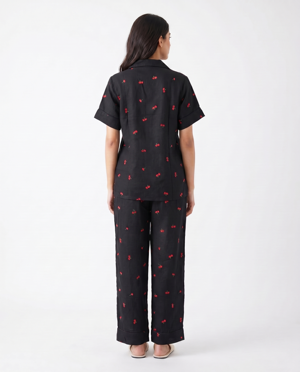 Sajiero Linen Pajama Suit - Flower Bloom - Black