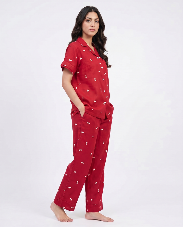 Sajiero Linen Pajama Suit - Flower Bloom - Red