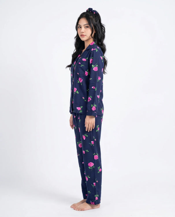 Sajiero Linen Pajama Suit - Night Rose