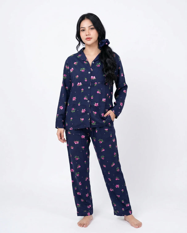 Sajiero Linen Pajama Suit - Night Rose